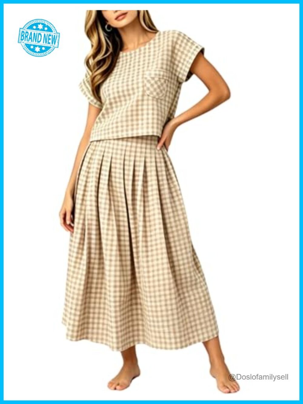 Women's 2 Piece Plaid Skirt Set Cropped Top Maxi Skirt Pockets
